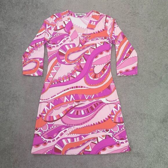 Barbara Gerwit Womens Abstract 3/4 Sleeve Jersey Mini Dress Purple Coral Small - Picture 1 of 8